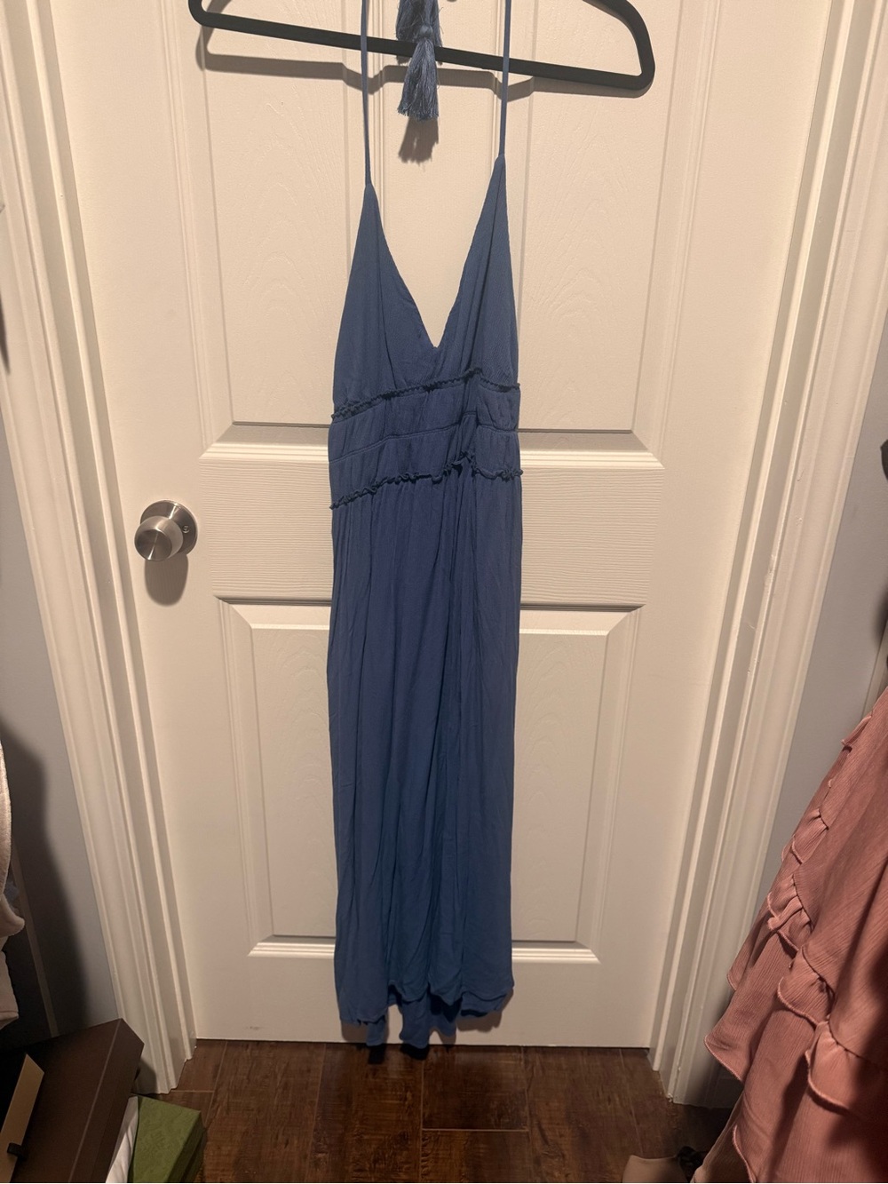 Blue Spaghetti-Strap Maxi Dress with V-Neck